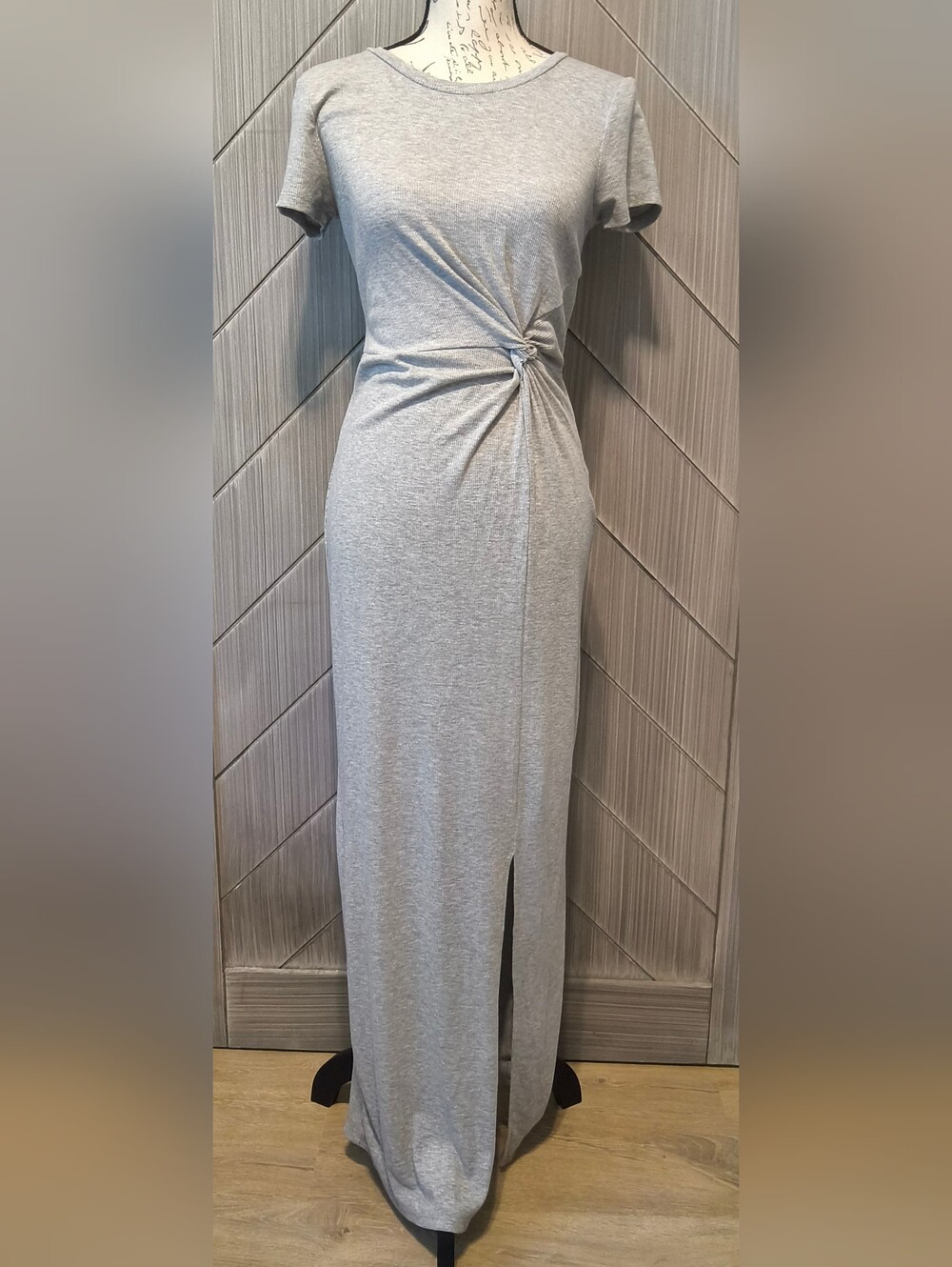 Pink Rose L Gray Ribbed Side Knot Maxi Dress Short Sleeve Front Slit Casual
